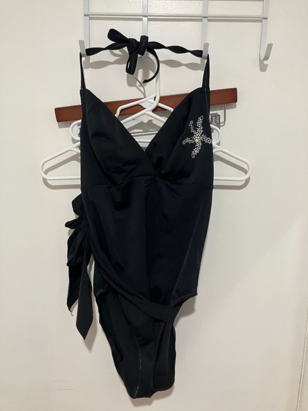 Freya Black One Piece Halter Swimsuit Starfish Beaded Rhinestone Wrap 36DD